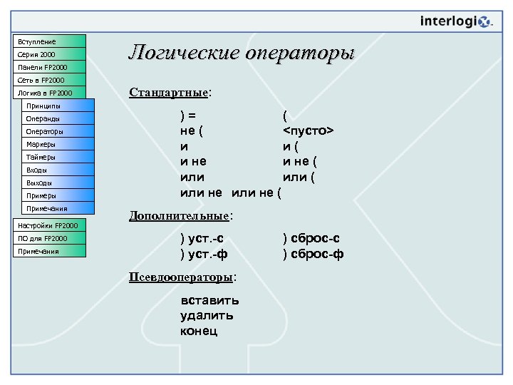 Вступление Серия 2000 Панели FP 2000 Логические операторы Сеть в FP 2000 Логика в