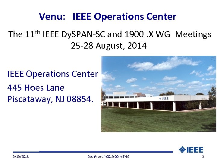 Venu: IEEE Operations Center The 11 th IEEE Dy. SPAN-SC and 1900. X WG