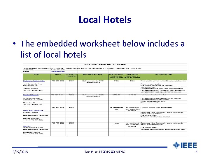 Local Hotels • The embedded worksheet below includes a list of local hotels 3/19/2018