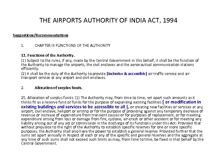 THE AIRPORTS AUTHORITY OF INDIA ACT, 1994 Suggestions/Recommendations 1. CHAPTER III FUNCTIONS OF THE