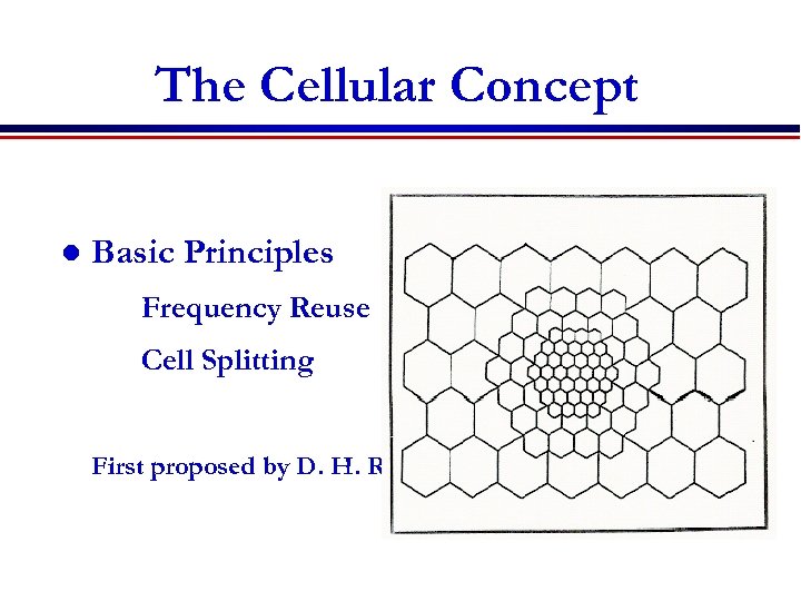 The Cellular Concept l Basic Principles Frequency Reuse Cell Splitting First proposed by D.