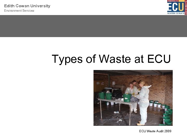 Edith Cowan University Environment Services Types of Waste at ECU Waste Audit 2009 