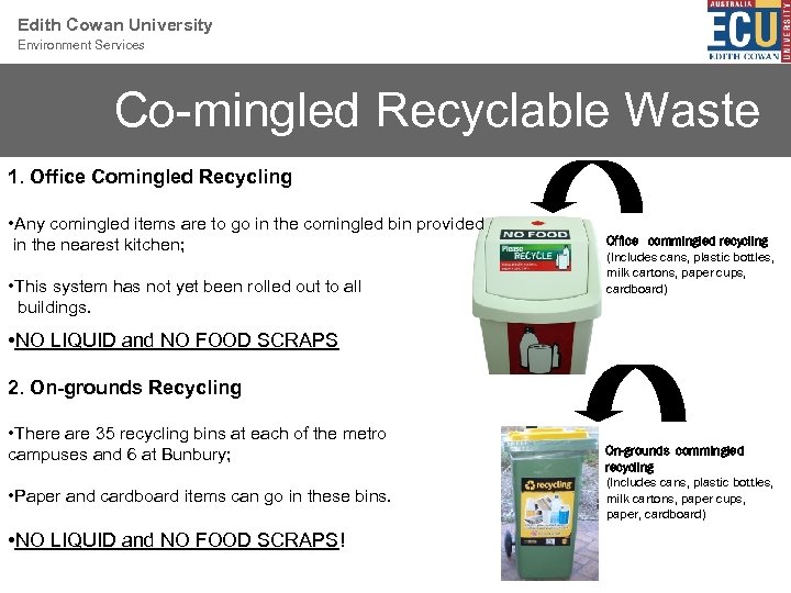 Edith Cowan University Environment Services Co-mingled Recyclable Waste 1. Office Comingled Recycling • Any