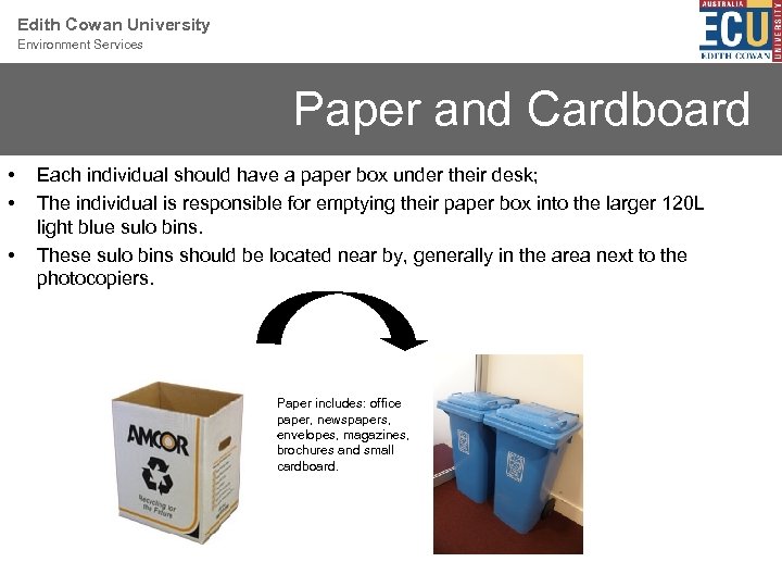 Edith Cowan University Environment Services Paper and Cardboard • • • Each individual should