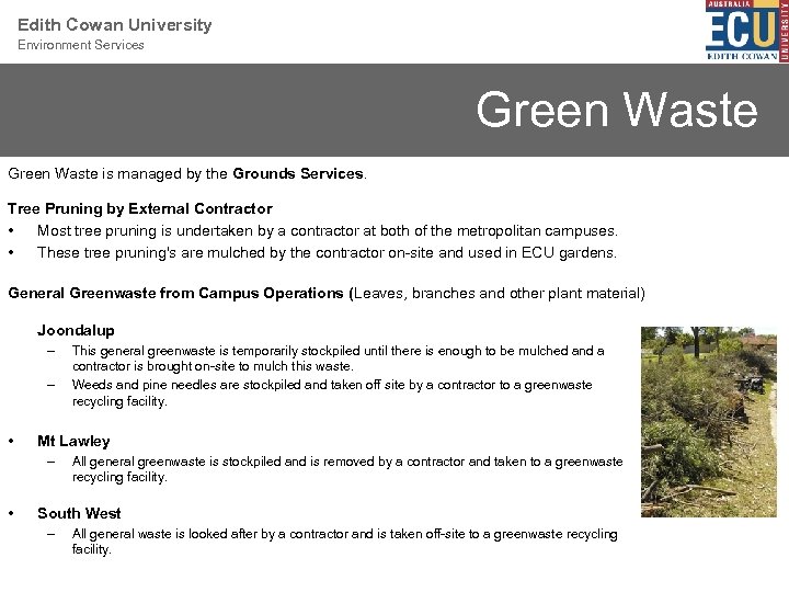 Edith Cowan University Environment Services Green Waste is managed by the Grounds Services. Tree