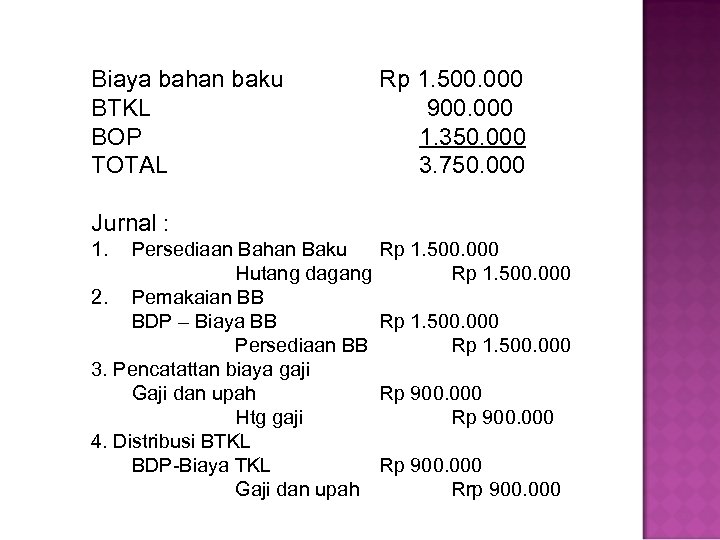 Biaya bahan baku BTKL BOP TOTAL Rp 1. 500. 000 900. 000 1. 350.