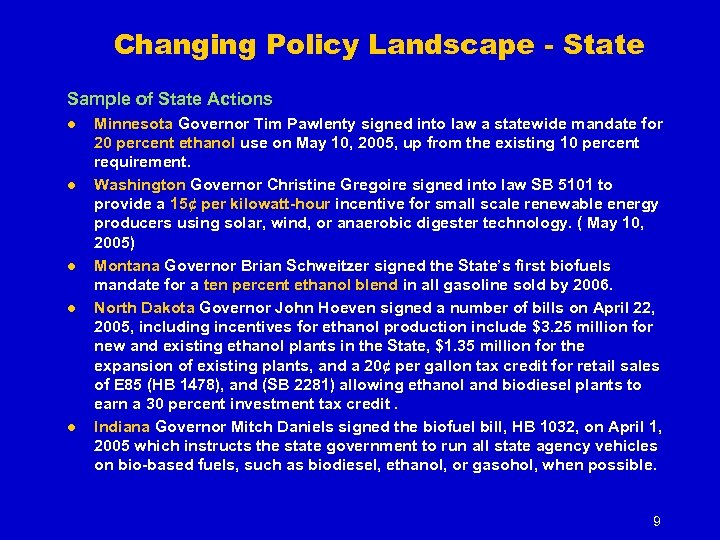 Changing Policy Landscape - State Sample of State Actions l l l Minnesota Governor