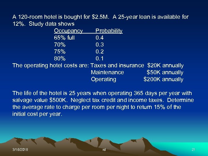 A 120 -room hotel is bought for $2. 5 M. A 25 -year loan