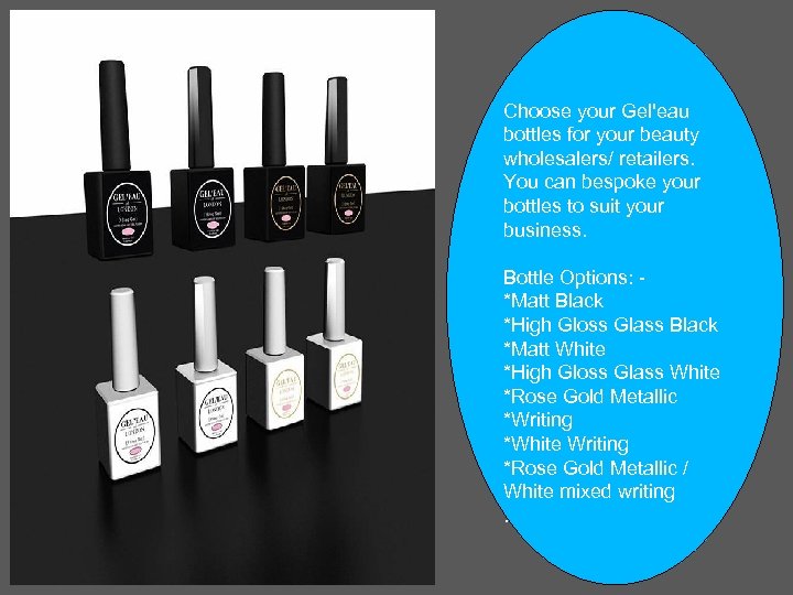 Choose your Gel'eau bottles for your beauty wholesalers/ retailers. You can bespoke your bottles