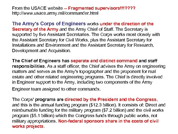 From the USACE website -- Fragmented supervisors!!!? ? http: //www. usace. army. mil/commander. html
