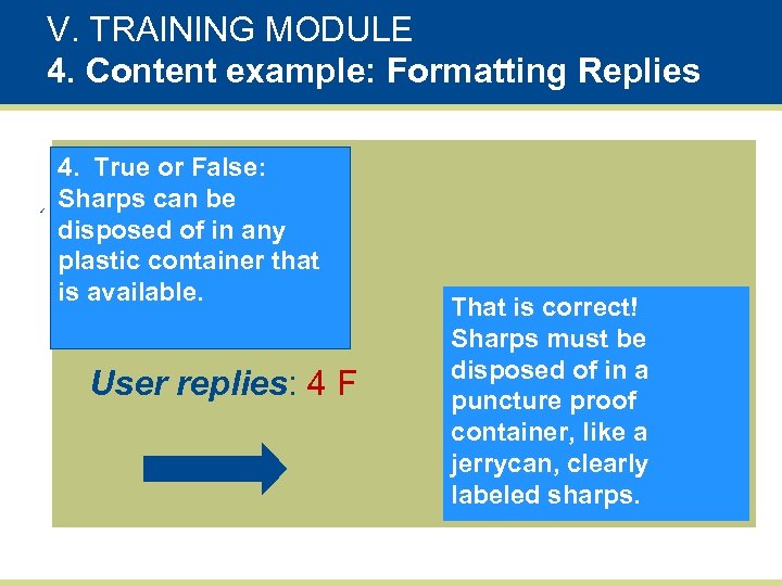 V. TRAINING MODULE 4. Content example: Formatting Replies 4. True or False: Sharps can