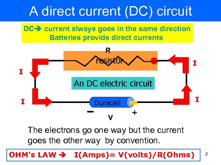 A direct current (DC) circuit DC current always goes in the same direction Batteries