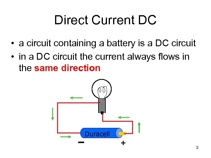 Direct Current DC • a circuit containing a battery is a DC circuit •