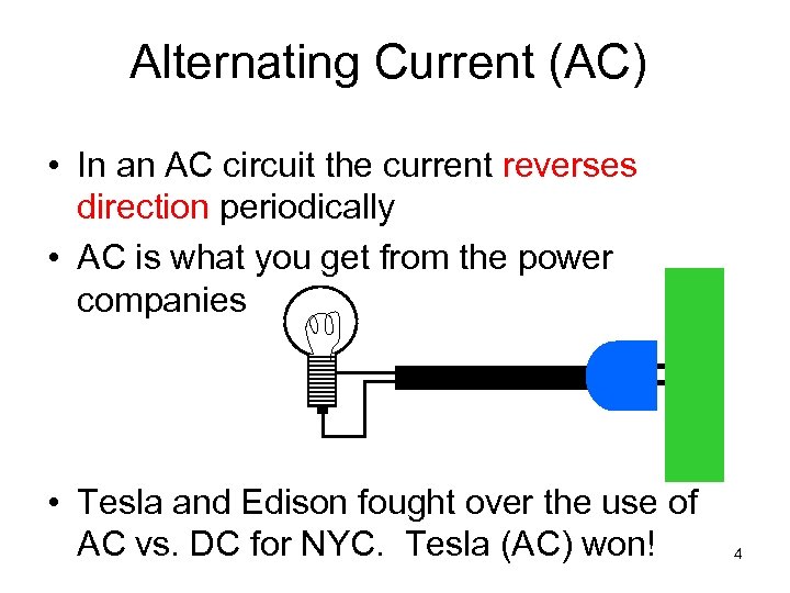 Alternating Current (AC) • In an AC circuit the current reverses direction periodically •