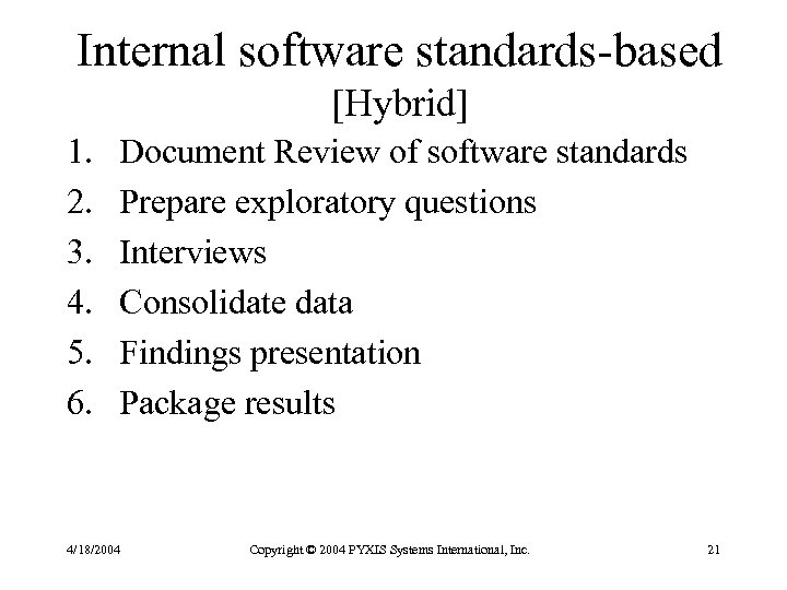Internal software standards-based [Hybrid] 1. 2. 3. 4. 5. 6. Document Review of software