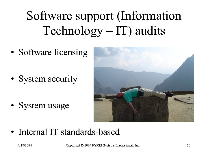 Software support (Information Technology – IT) audits • Software licensing • System security •