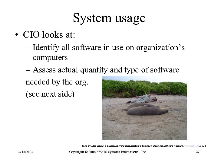 System usage • CIO looks at: – Identify all software in use on organization’s