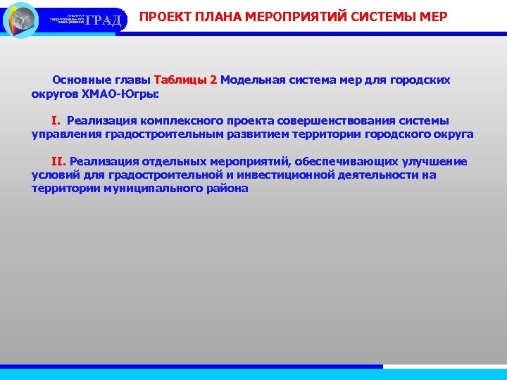 институт территориального планирования ГРАД ПРОЕКТ ПЛАНА МЕРОПРИЯТИЙ СИСТЕМЫ МЕР Основные главы Таблицы 2 Модельная