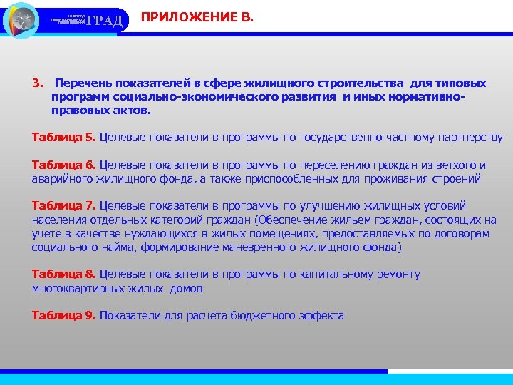 институт территориального планирования ГРАД ПРИЛОЖЕНИЕ В. 3. Перечень показателей в сфере жилищного строительства для