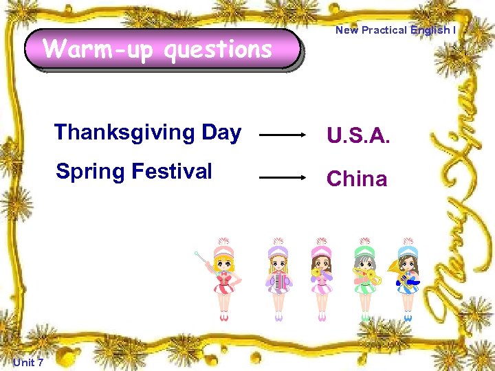 Warm-up questions New Practical English I Thanksgiving Day Spring Festival Unit 7 U. S.