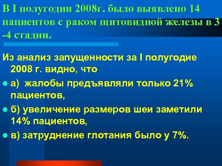 В I полугодии 2008 г. было выявлено 14 пациентов с раком щитовидной железы в