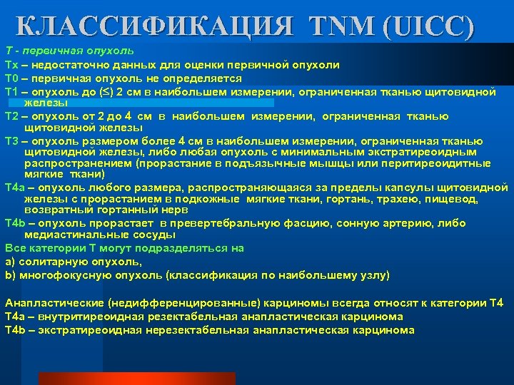 КЛАССИФИКАЦИЯ TNM (UICC) T - первичная опухоль Тх – недостаточно данных для оценки первичной