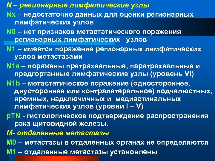 N – регионарные лимфатические узлы Nx – недостаточно данных для оценки регионарных лимфатических узлов