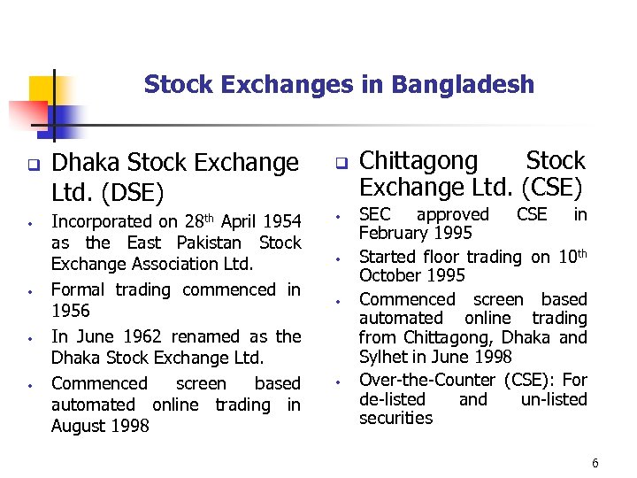 Stock Exchanges in Bangladesh q • • Dhaka Stock Exchange Ltd. (DSE) Incorporated on