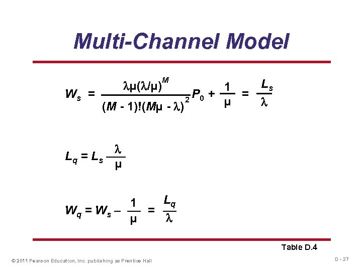 Multi-Channel Model µ( /µ) M 1 Ws = P 0 + = 2 µ