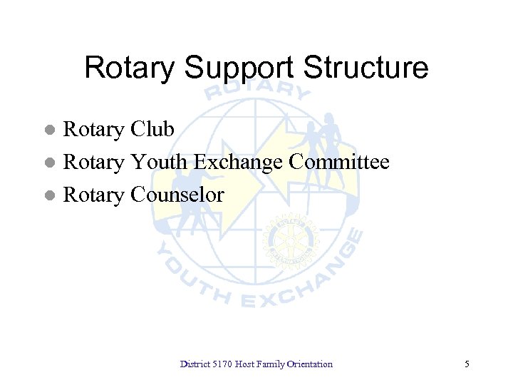 Rotary Support Structure Rotary Club l Rotary Youth Exchange Committee l Rotary Counselor l