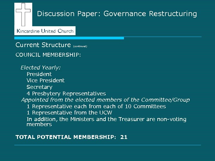 Discussion Paper: Governance Restructuring Kincardine United Church Current Structure (continued) COUNCIL MEMBERSHIP: Elected Yearly: