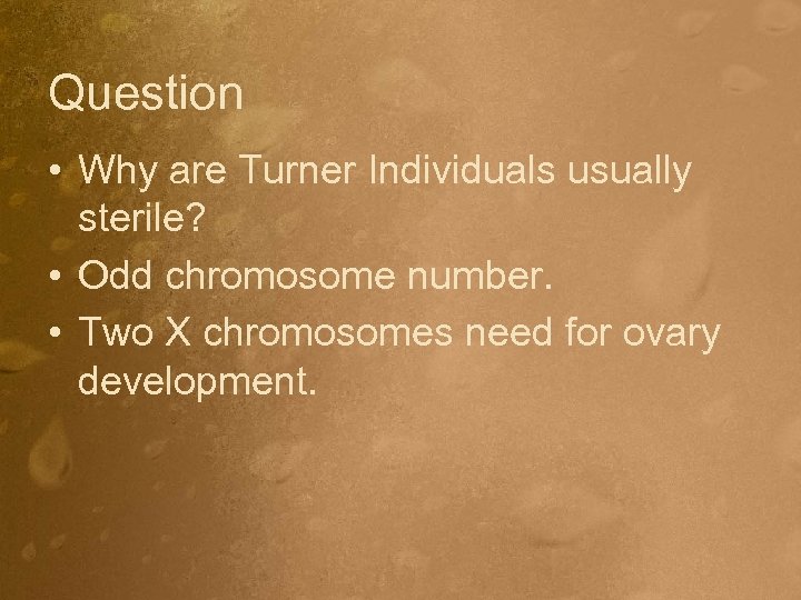 Question • Why are Turner Individuals usually sterile? • Odd chromosome number. • Two