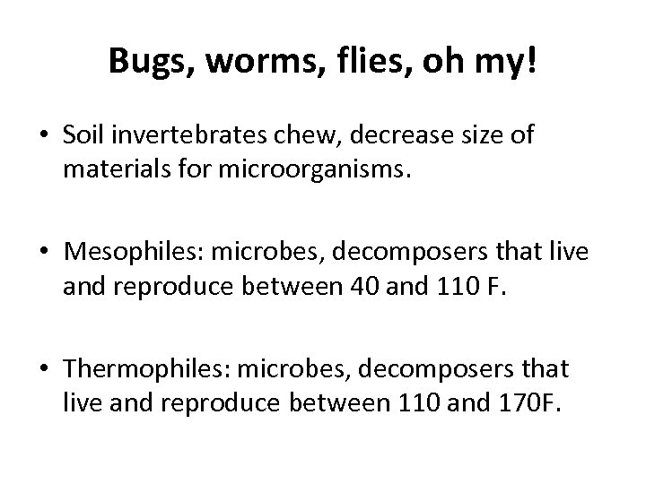 Bugs, worms, flies, oh my! • Soil invertebrates chew, decrease size of materials for