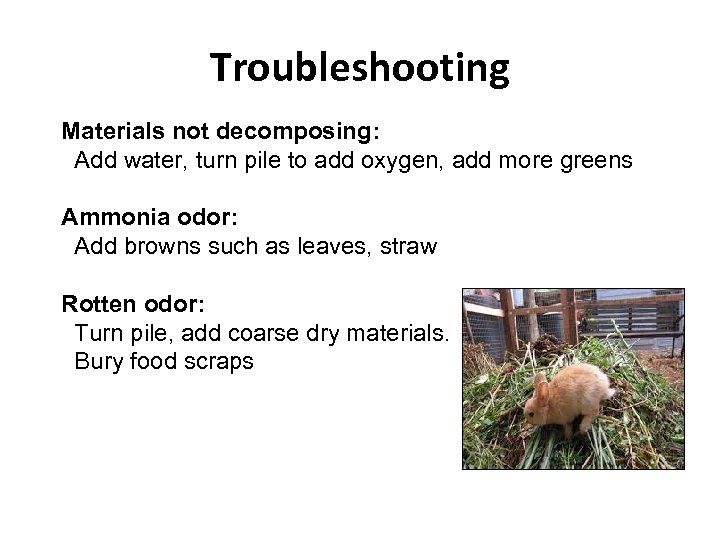 Troubleshooting Materials not decomposing: Add water, turn pile to add oxygen, add more greens