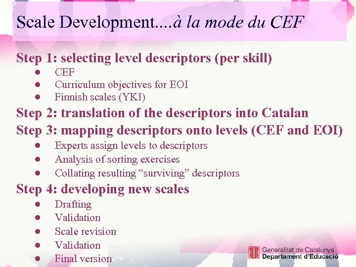 Scale Development. . à la mode du CEF Step 1: selecting level descriptors (per