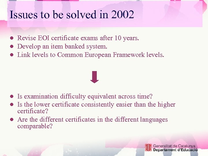 Issues to be solved in 2002 ● Revise EOI certificate exams after 10 years.