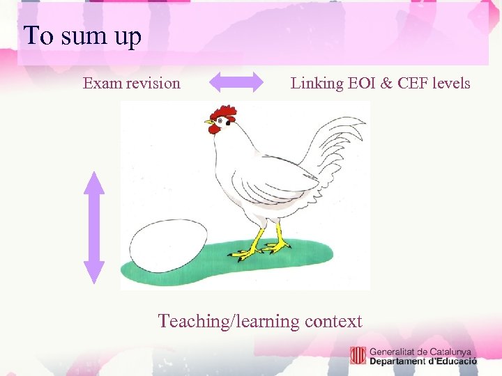 To sum up Exam revision Linking EOI & CEF levels Teaching/learning context 