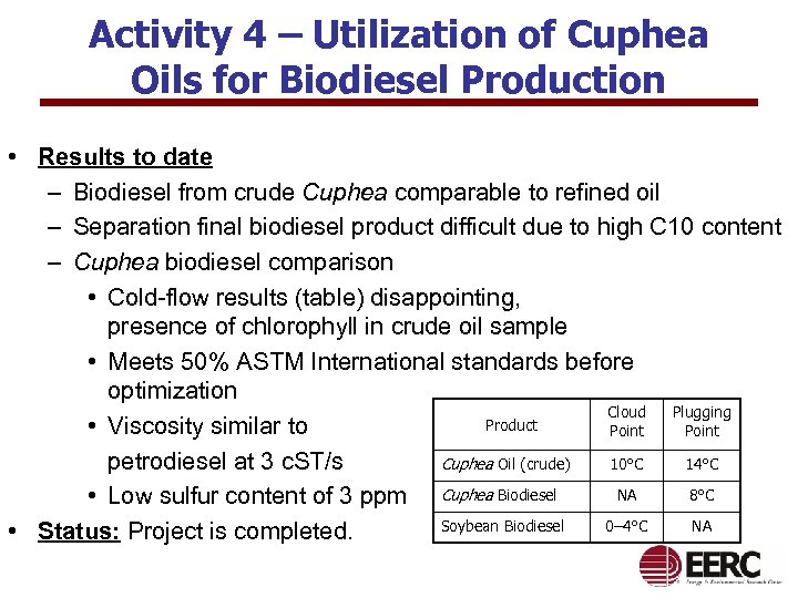 Activity 4 – Utilization of Cuphea Oils for Biodiesel Production • Results to date