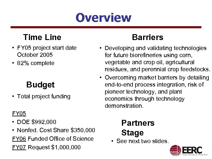 Overview Time Line • FY 05 project start date October 2005 • 82% complete