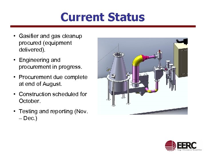 Current Status • Gasifier and gas cleanup procured (equipment delivered). • Engineering and procurement