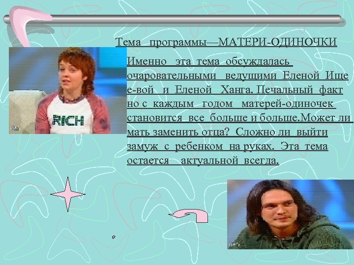 Тема программы—МАТЕРИ-ОДИНОЧКИ Именно эта тема обсуждалась очаровательными ведущими Еленой Ище е-вой и Еленой Ханга.