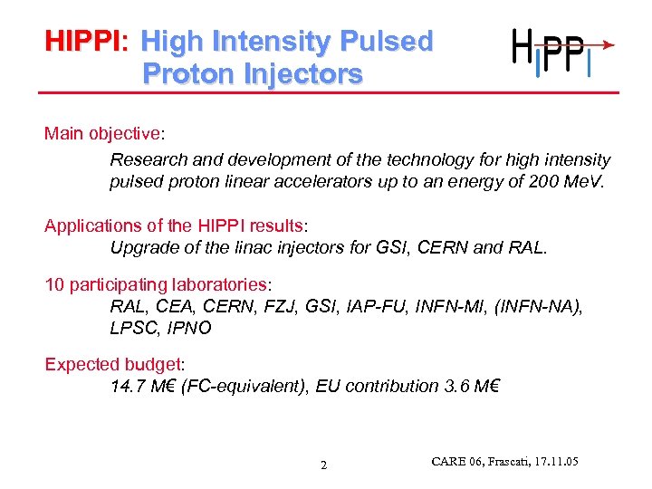 HIPPI: High Intensity Pulsed Proton Injectors Main objective: Research and development of the technology