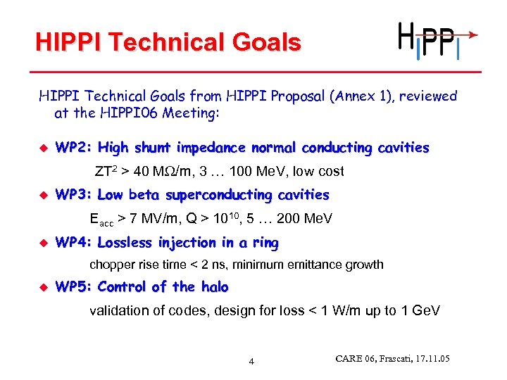 HIPPI Technical Goals from HIPPI Proposal (Annex 1), reviewed at the HIPPI 06 Meeting:
