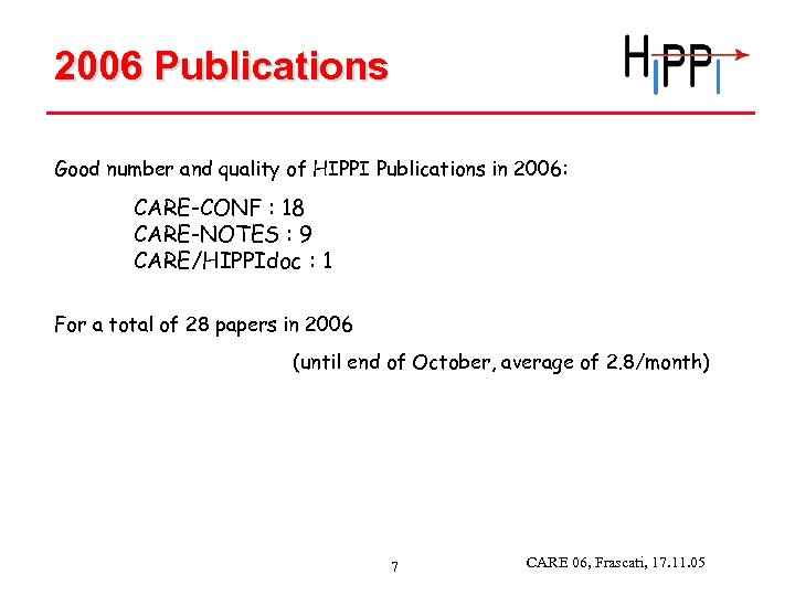 2006 Publications Good number and quality of HIPPI Publications in 2006: CARE-CONF : 18