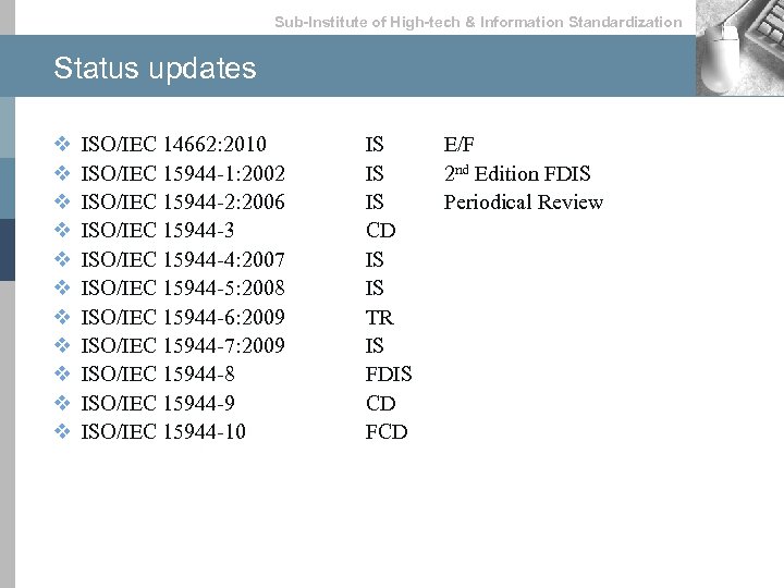 Sub-lnstitute of High-tech & lnformation Standardization Status updates v v v ISO/IEC 14662: 2010