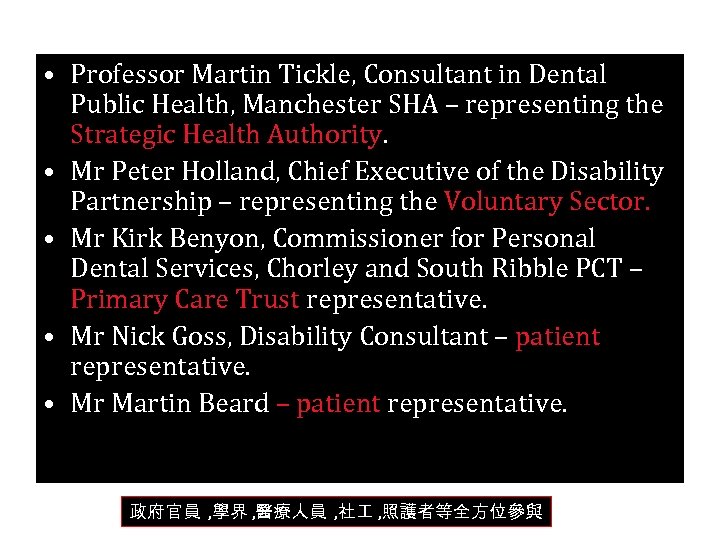  • Professor Martin Tickle, Consultant in Dental Public Health, Manchester SHA – representing