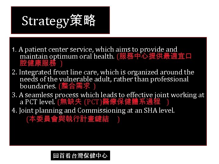 Strategy策略 1. A patient center service, which aims to provide and maintain optimum oral