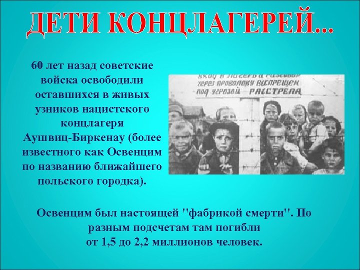 60 лет назад советские войска освободили оставшихся в живых узников нацистского концлагеря Аушвиц-Биркенау (более