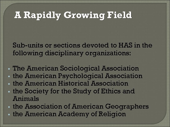 A Rapidly Growing Field Sub-units or sections devoted to HAS in the following disciplinary