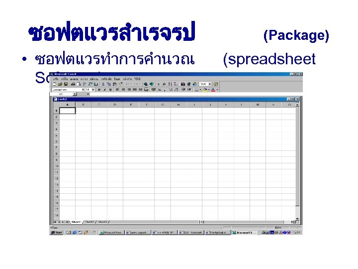 ซอฟตแวรสำเรจรป • ซอฟตแวรทำการคำนวณ Software) (Package) (spreadsheet 